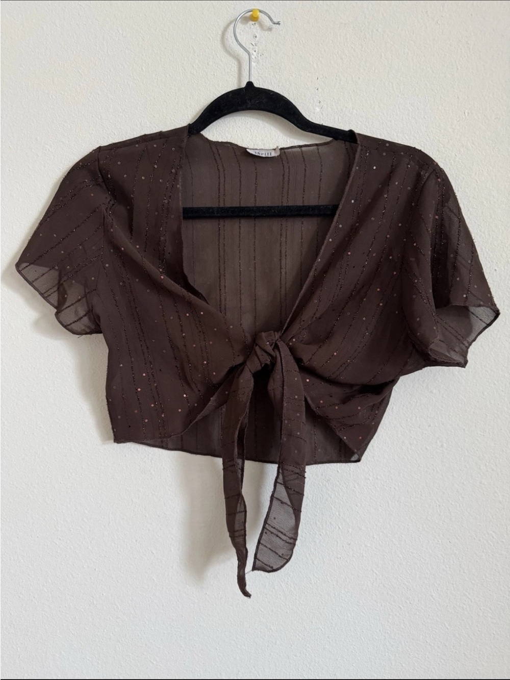 Vintage Y2K Sequin Thrill Brown Short Sleeve Cropped Tie Front Sheer Top S
